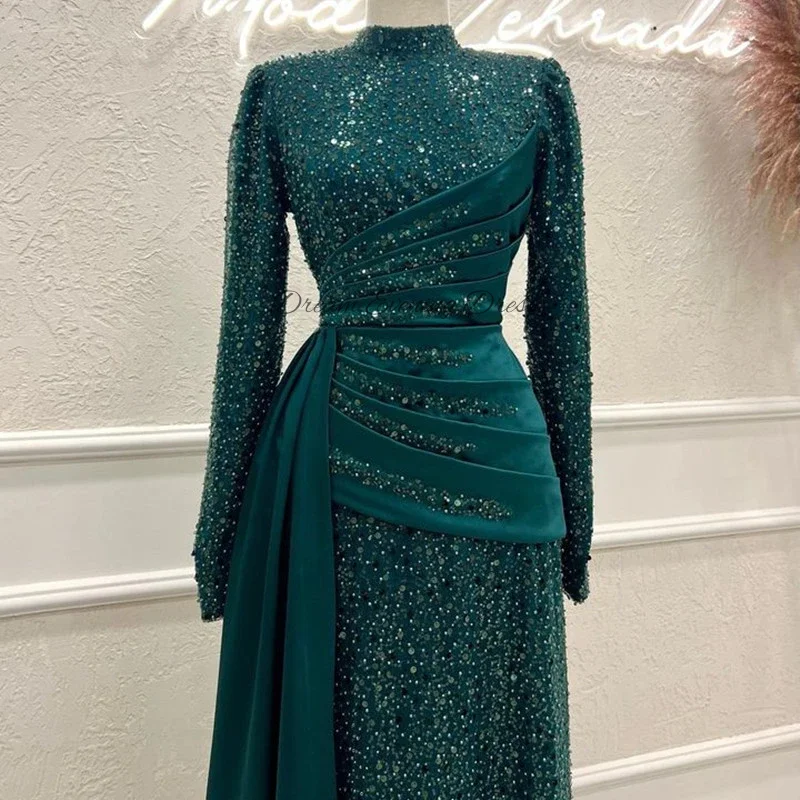 Elegant Dark Green 2023 Muslim Sequins Long Sleeve High Collar A-line Robe Evening Dresses Luxury Beaded Prom Party Dress Custom