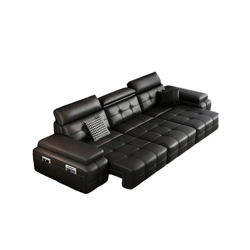 Electric sofa bed leather first layer cowhide living room zero against the wall intelligent retractable multi-function three peo