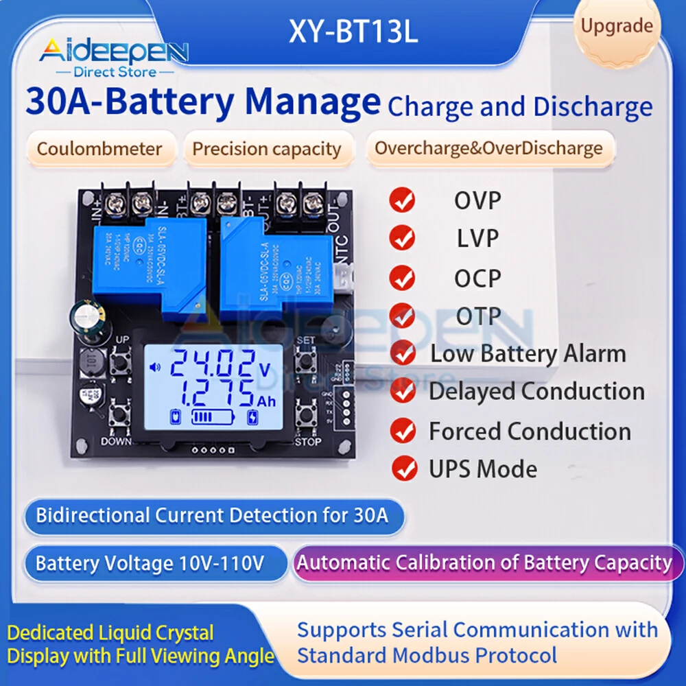 BT13L DC 10–110 V 30 A Batterie-Coulometer, digitaler Batteriekapazitätstester, vollautomatische Lade- und Entlademanagement