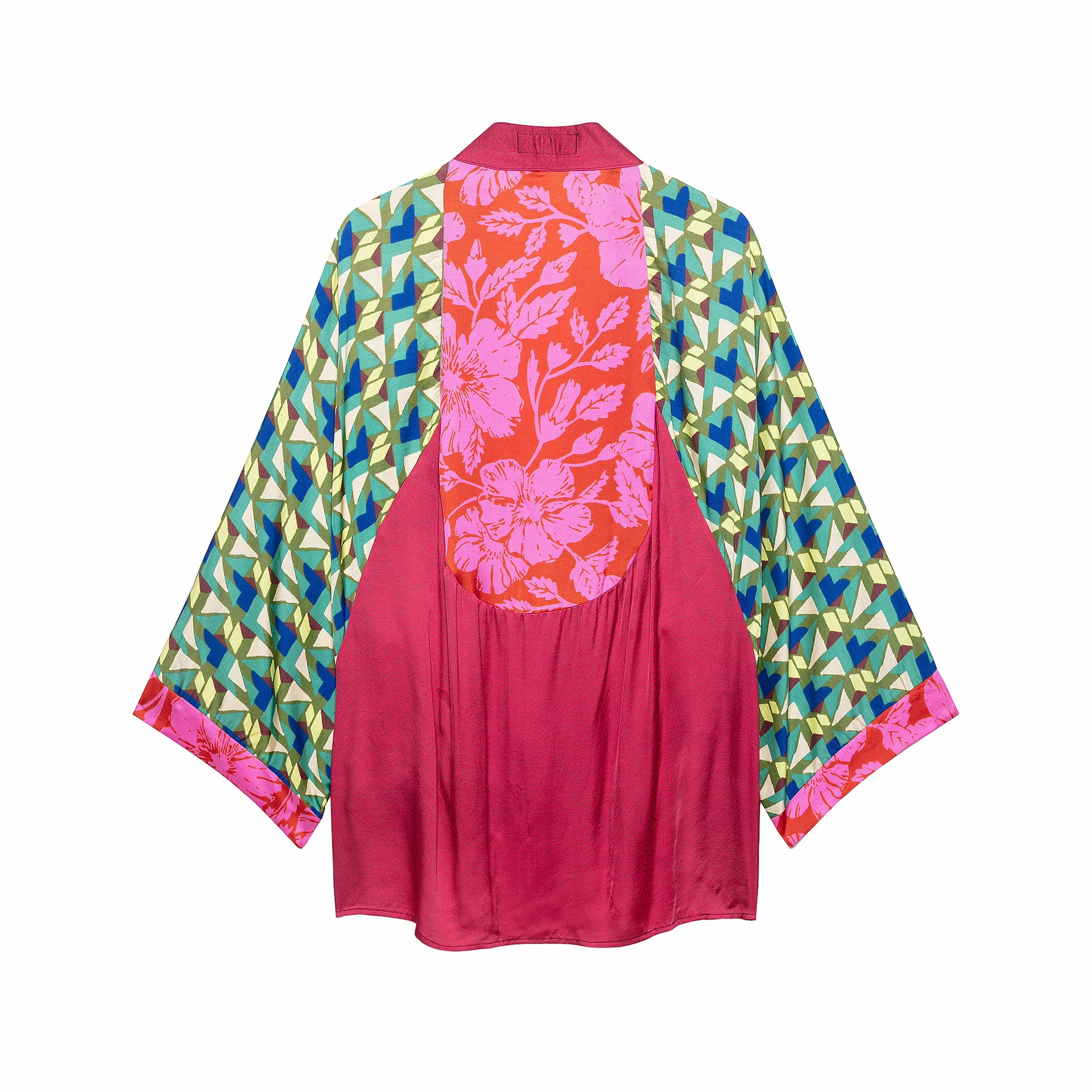 2 pieces 1 Set Autumn Contrast Color Geometric Print Bow Long Bat Sleeve Kimono Cardigan + Tie Bow Waist Asymmetry Skirts Suits view 5