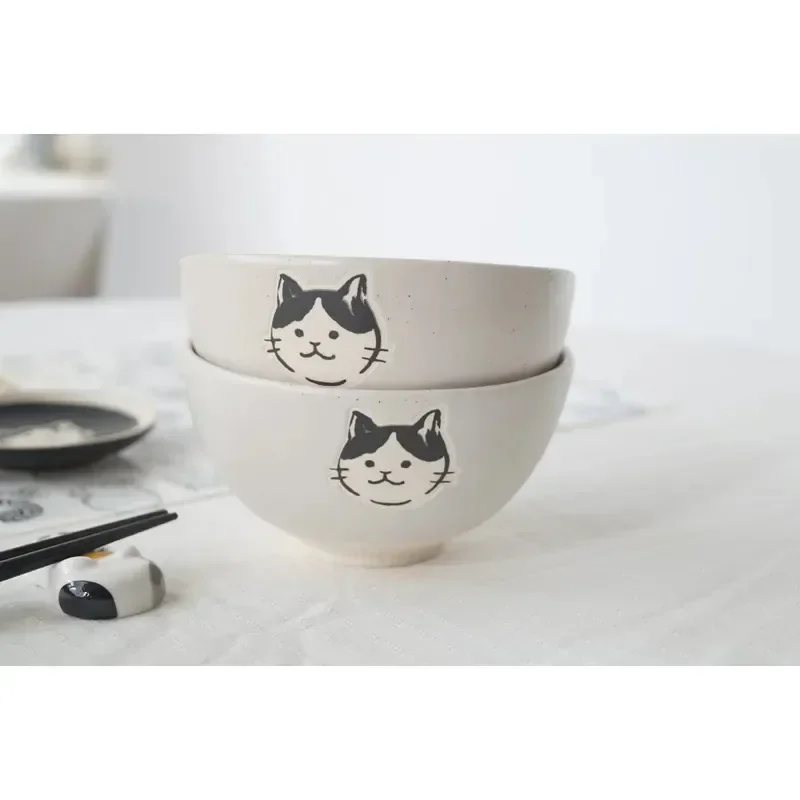 Japanese Hand-painted Stoneware Cat Face Ceramic Bowl 4.5inch Underglaze Color Craft Cute Cat Rice Bowl Soup Bowl Kitchen Tools