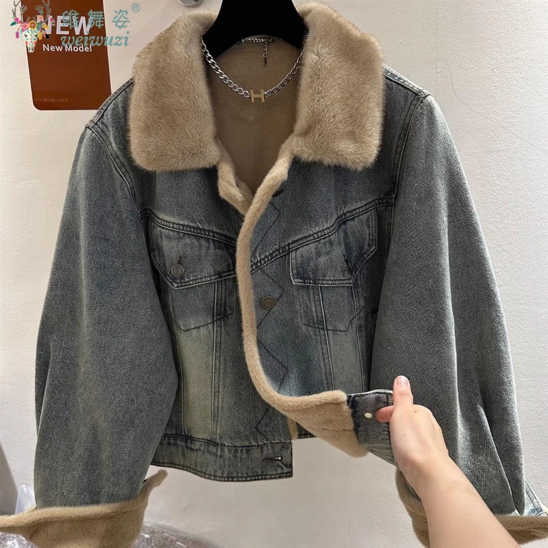

Новая зимняя женская джинсовая куртка, утепленная, мягкая, внутренняя, бархатное ковбойское пальто, мешковатая верхняя одежда, короткая уличная повседневная верхняя карманная куртка