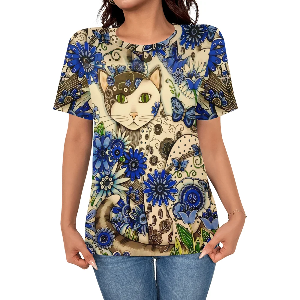 

Women's Summer Casual Fashion Flower Sea Cat 3D Printed Short Sleeve Top Women's Street Personalized Elegant T-shirt Top