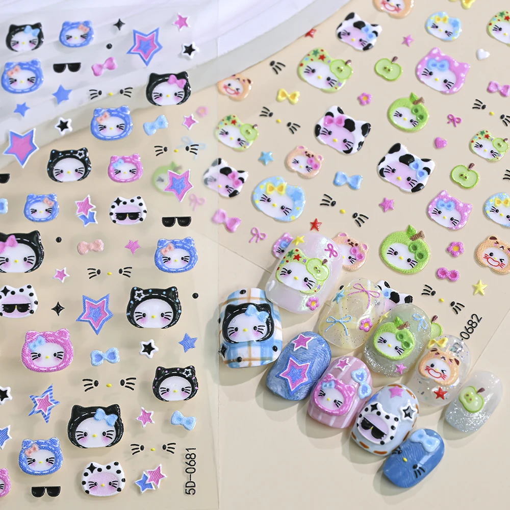 5D Cute Green Apple Hat Hello Kitty Nail Sticker Fruits Hooded KT Kitten Nail Decals Slider Cartoon DIY Crafts Manicure Decorati
