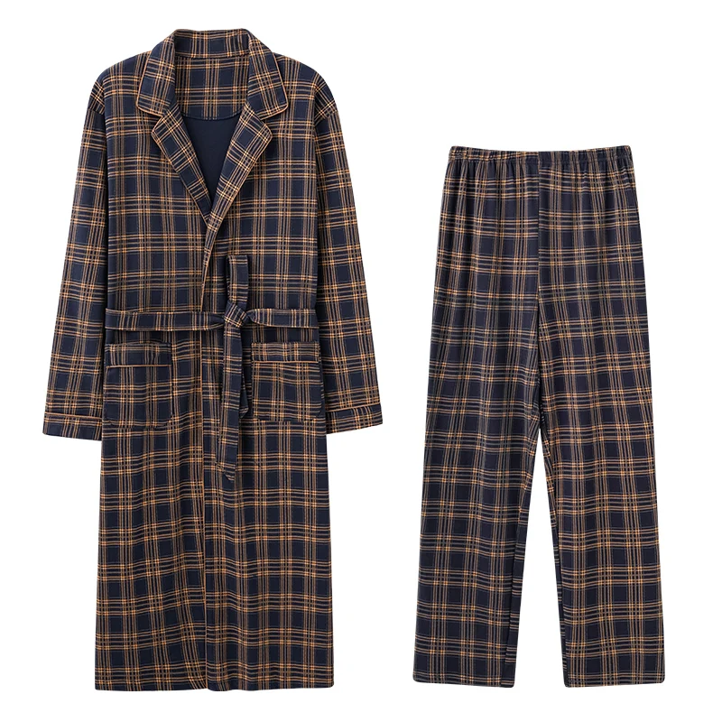 Men’s Cotton Robe Long Sleeve Kimono Bathrobe With Long Pants 2pcs Robes Set Sleepwear Spring Autumn V-Neck Plaid Pijamas Hombre