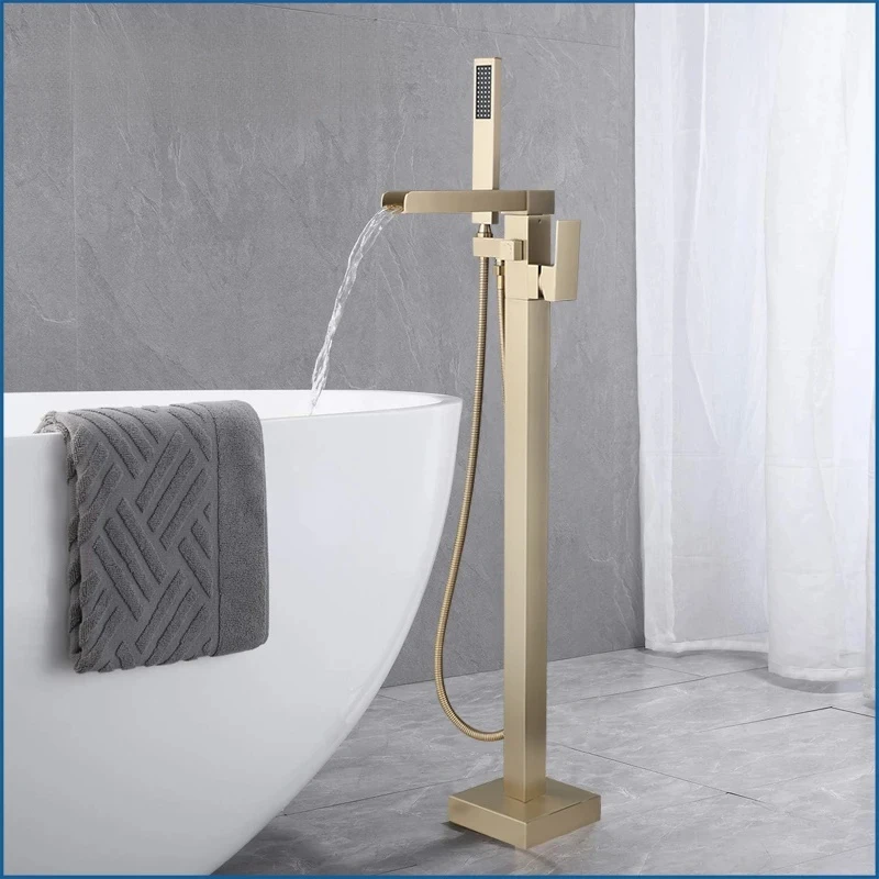 

Freestanding Bathtub Faucet High Flow Waterfall Bath Filler Brushed Gold Tub Faucets With Hand Shower Tap