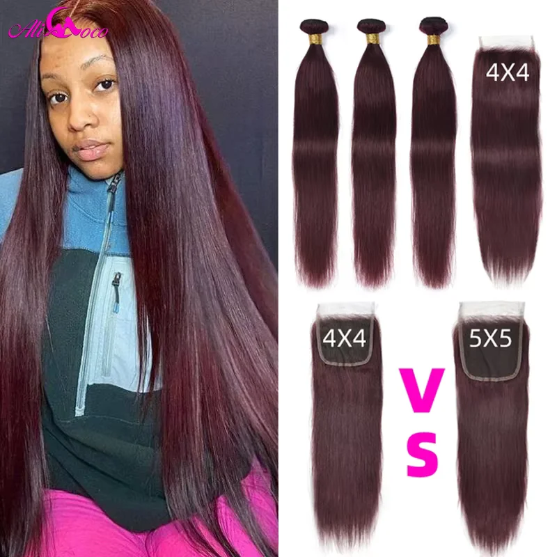 Ali Coco 99j Steil Haar Bundels Met Sluiting Donker Bordeaux Menselijk Haar Bundels Met 5x5 Sluiting Braziliaanse Remy haar Bundels