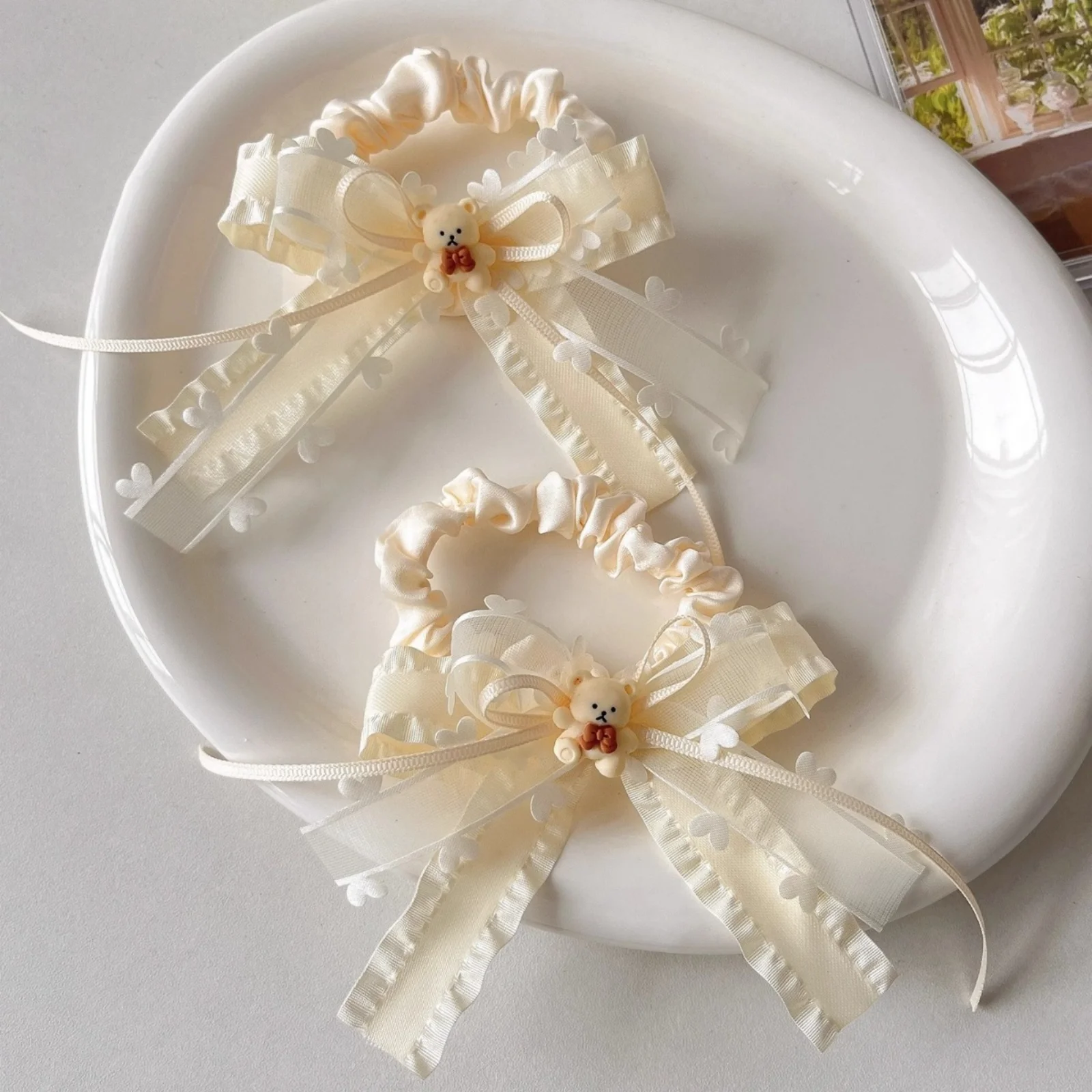 2 Stück niedliche cremefarbene mehrschichtige Band-Haarspangen mit Pony und Meer-Clips, Haarseil, doppelte Pferdeschwanz-Kopfbedeckung – Detail 4