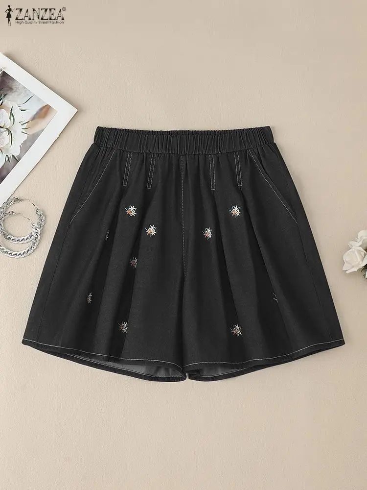 

Женские шорты с вышивкой, лето 2025 г., джинсовые синие повседневные свободные шорты с эластичной резинкой на талии ZANZEA, повседневная одежда, женские штаны