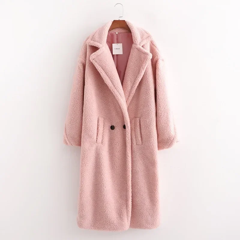 Winter New Loose Lamb Wool Coat Teddy Wool Large Polo Collar Medium Length Plush Coat Cotton Coat