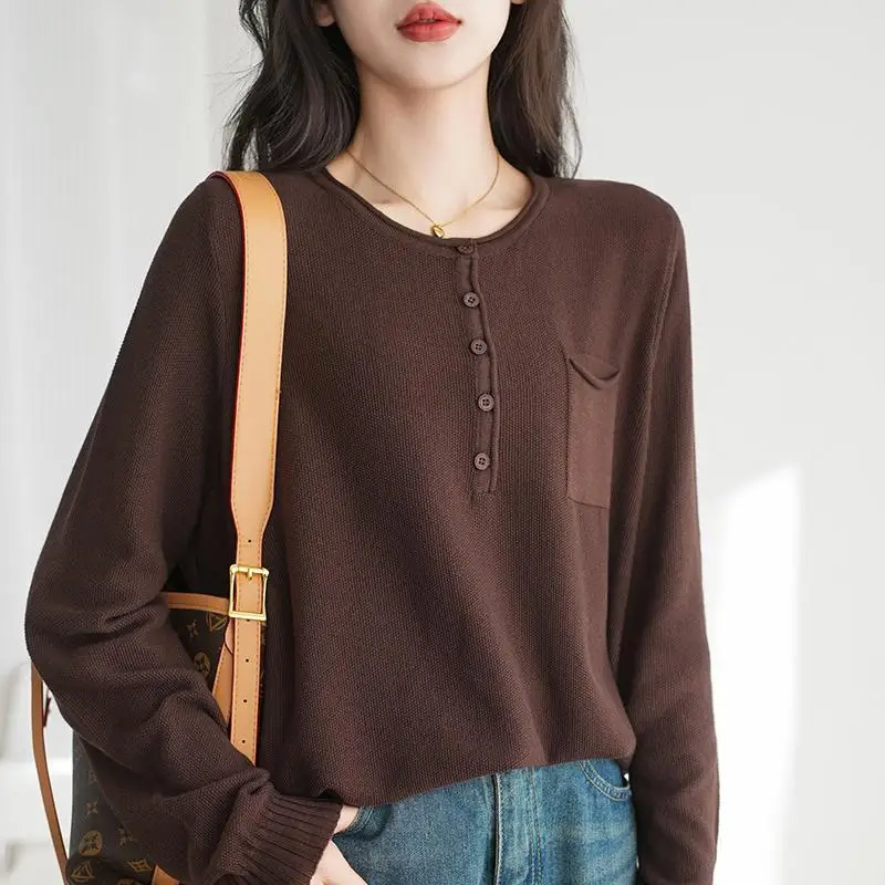 Chemise de Base tricotée à col semi-ouvert et boutons en fil de coton pur pour femmes, haut Design de pull ample et à la mode