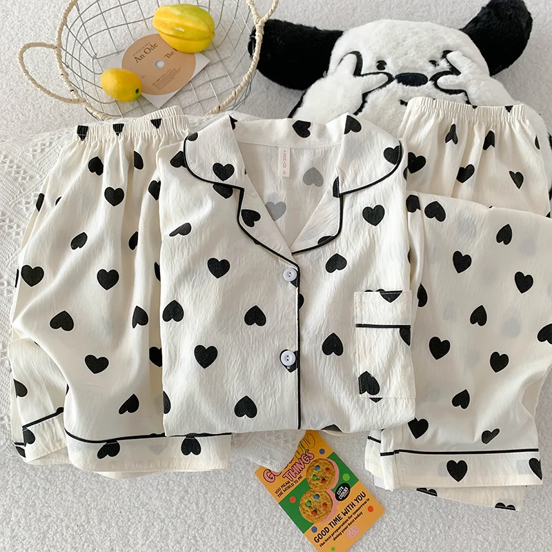 Summer Korean Casual 3 Piece Pajamas Set with Shorts Love Shape Women's Pajamas Set Student Young Girl Homewear Spring and Fall
