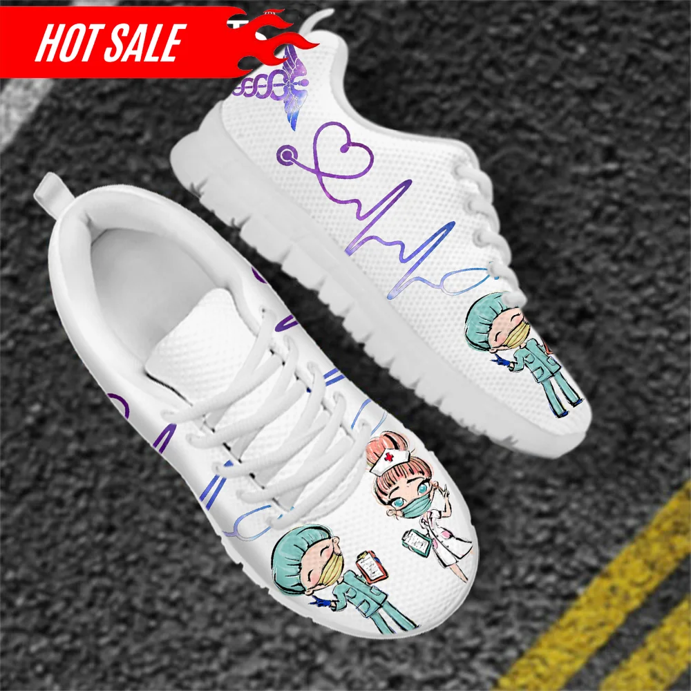 Brand Design Cartoon Nurse Doctor Heartbeat Medical Sneakers Lace Up Flat Shoes Physician Nursing Shoe Mesh Footwear