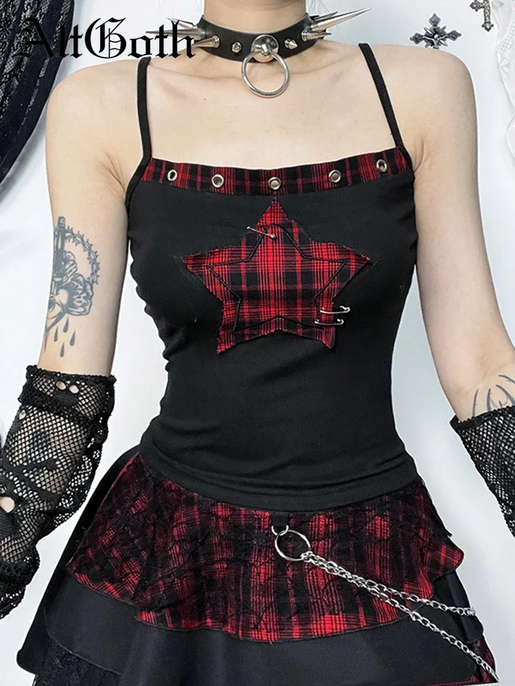 AltGoth Streetwear Y2k Camis Women Aesthetic Mall Goth Red Plaid Pentagram Patchwork Crop Tank Tops Harajuku Cyber Punk Clothes