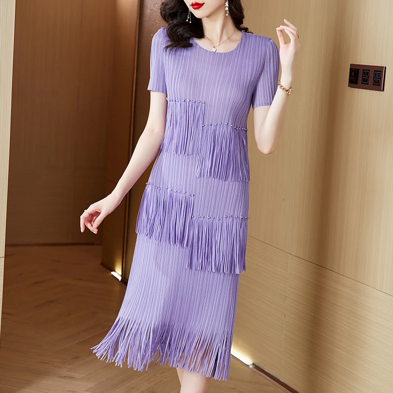 

Women's Tassels Pleated Dress Elegant Beaded O-neck Short Sleeves Spliced A Line Dresses Ladies Fashion Casual Party Vestidos