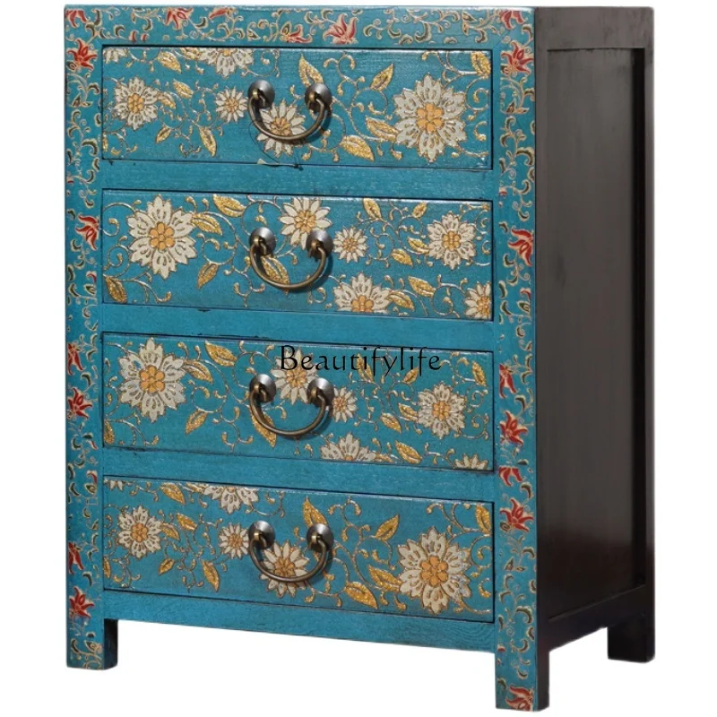 Chinese retro solid wood three-dimensional pattern painted bedside table American drawer cabinet