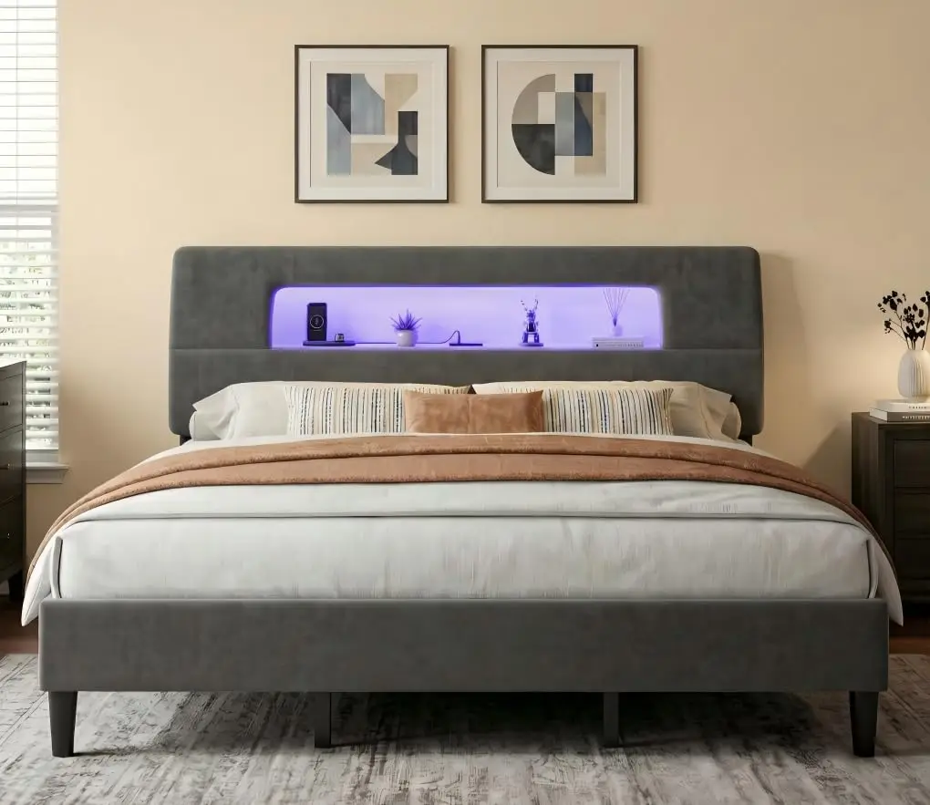 King Bed Frame Storage Headboard LED USB Shelf Velvet Platform No Box Spring 12.8in Clearance Customized