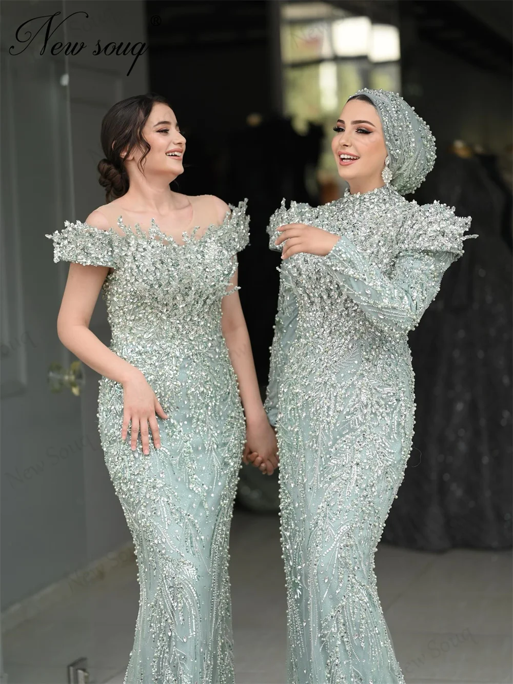 2 Stile Mintgrüne Perlen Abendkleider Arabische Kristalle Meerjungfrau Formelles Anlasskleid Hochzeitsfeier Empfangskleider Maßgeschneidert