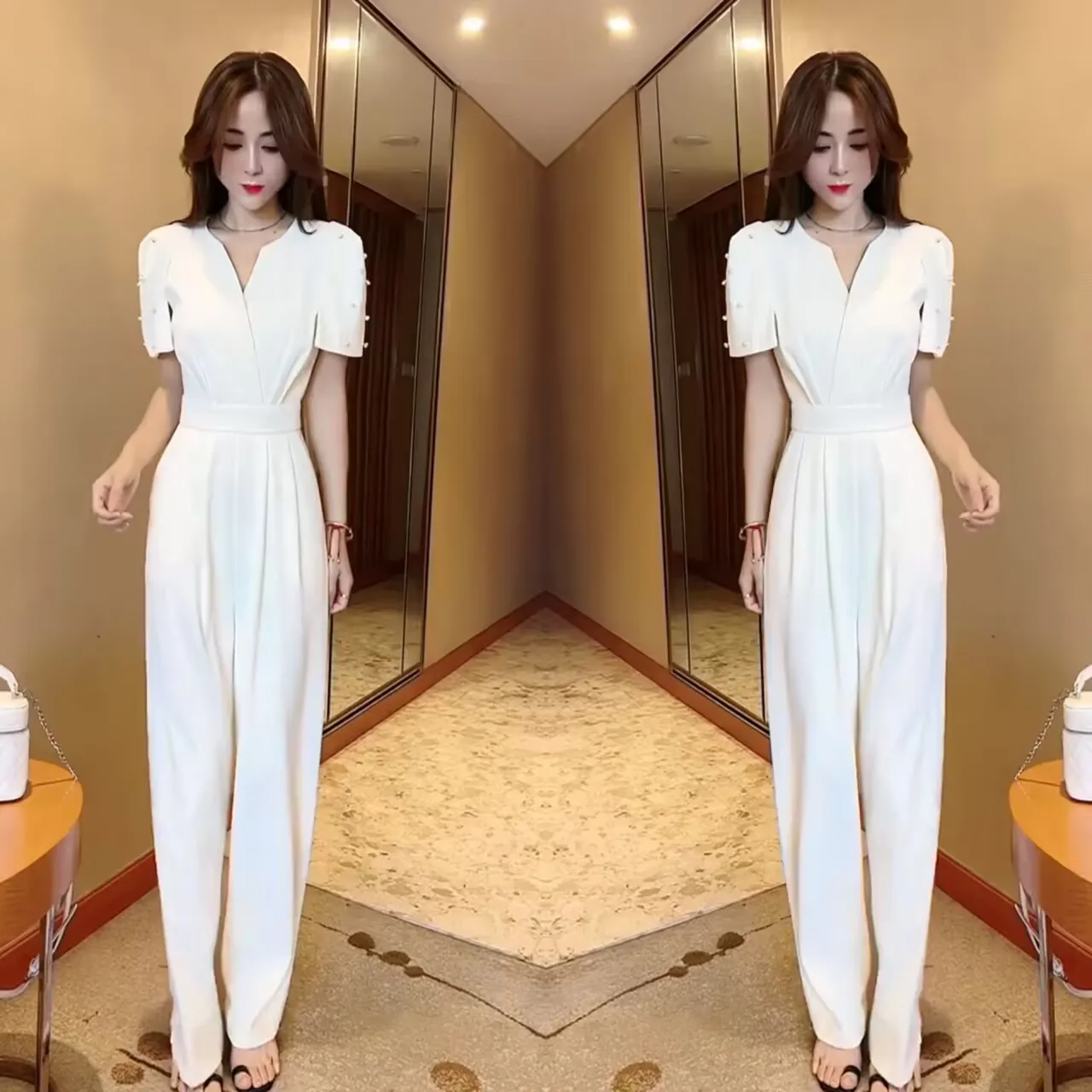 

Faionable High-Waisted Straight Leg Jumpsuit Set Women's Summer Slimming Trendy All-Match Long Pants One-Piece Suit