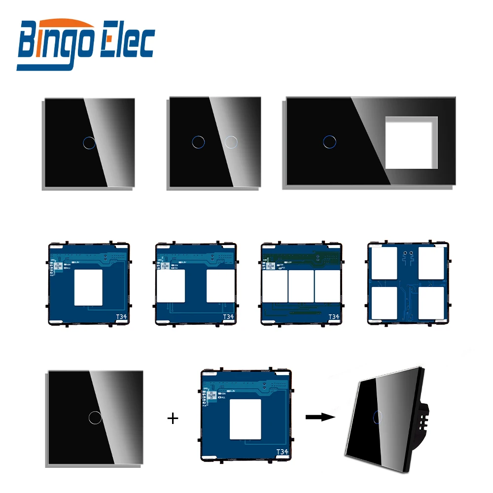 Wall Light Switches Black Glass Panel 1/2way Touch Stair Switches Function Parts EU C-type Fast Charging Power Outlet Parts