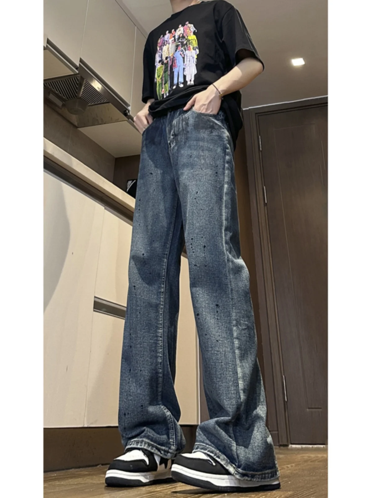 

Slimming fiti Splatter Denim Jeans Men's Hip Hop Sle Distred Straight Leg Trousers American High Street Faion