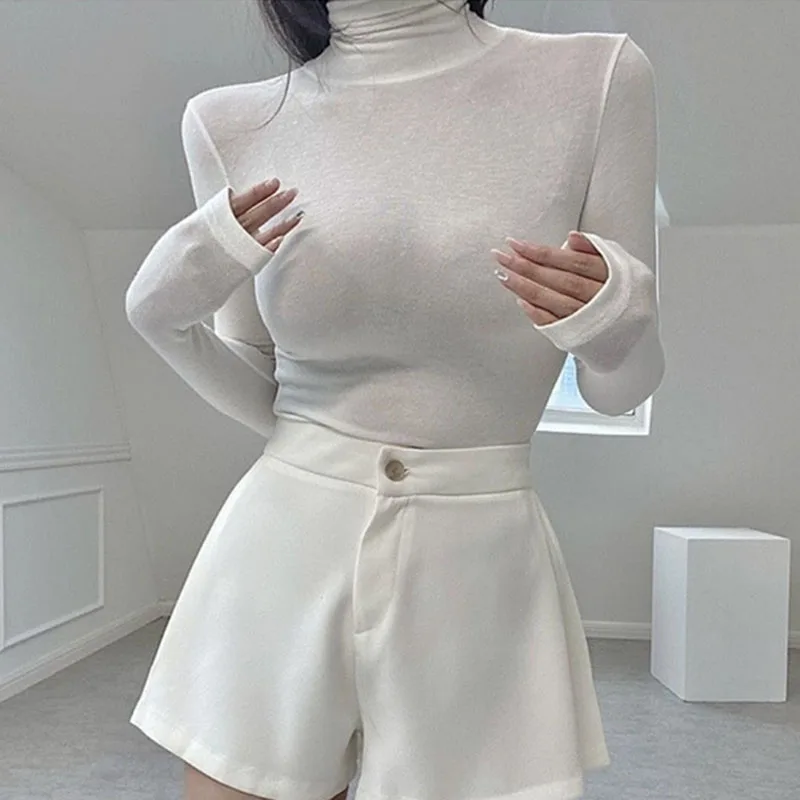 Manches longues solide basique femmes t-shirt décontracté noir blanc mince haut tendance t-shirt dames coréen col roulé t-shirt vêtements