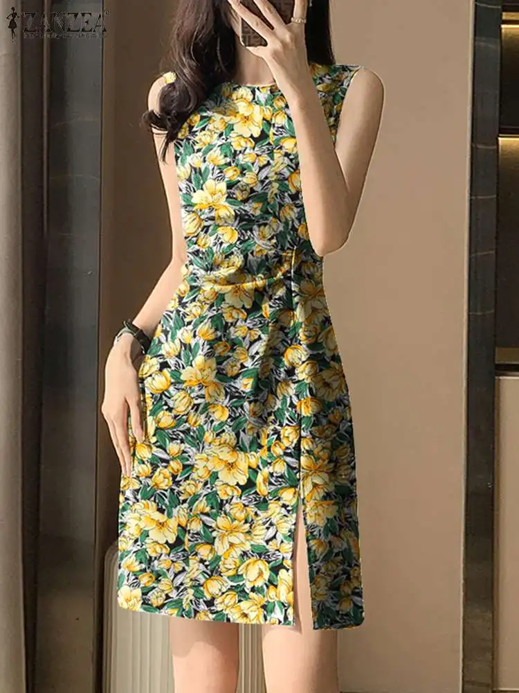 

ZANZEA Elegant Office Slit Hem Vestidos Sleeveless Mini Dress Women Summer Fashion Floral Print Tank Robes Vintage Waist Dresses