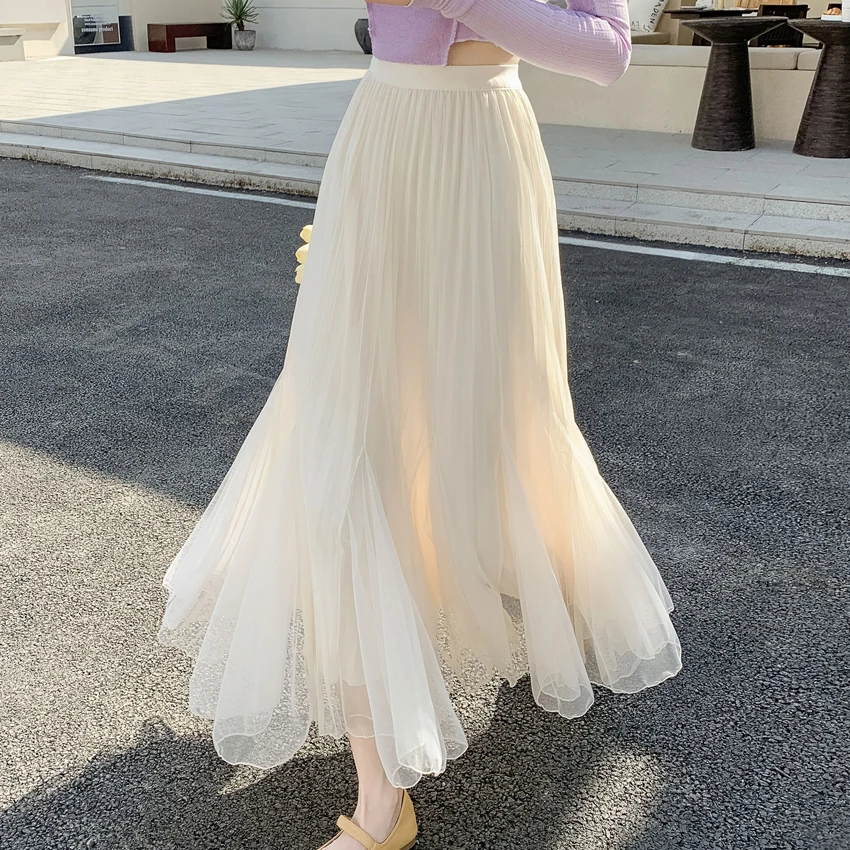 

Spring Summer Women Mesh Tulle Skirt Long Faldas Elegant Ruffles Mermaid Hem Midi Skirts Elastic High Waist Pleated Korean Saias