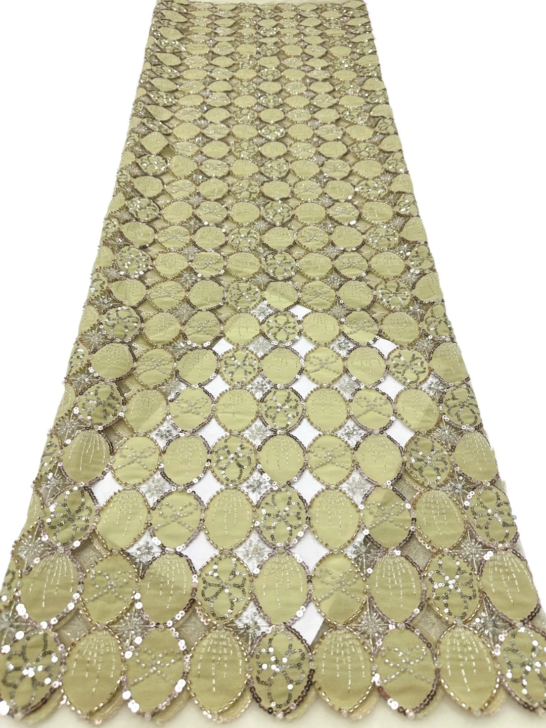 Champagne Gold Ring Petal Beaded Lace Fabric High Quality, Luxury Tube Bead & Sequin Embroidery on Sheer Mesh for Wedding Gown