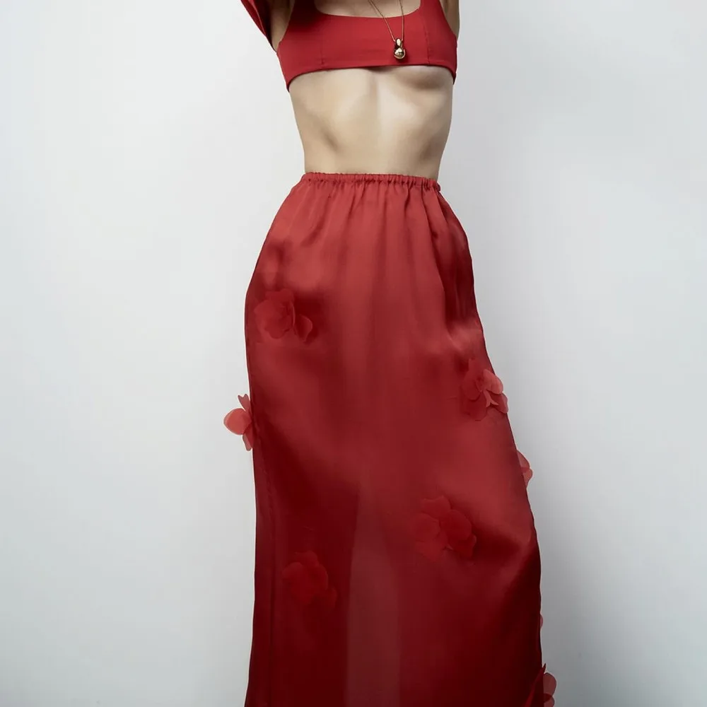 

Dark Red Sheath Women Skirts To Party Evening Wear High Waist Handmade Flowers Office Lady Skirts Ankle Length Christmas Skirt