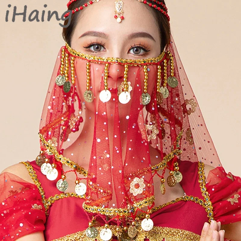 Women Sequins Indian Belly Dance Face Veil Lady Dance Face Tribal Masquerade Mask Wrap Scarf Performance Accessory