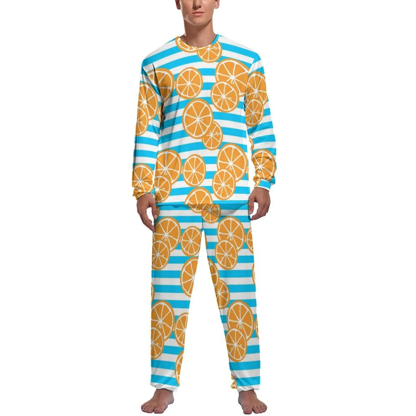 Oranges Slices Pajamas Daily Two Piece White and Blue Stripes Kawaii Pajama Sets Male Long Sleeve Night Design Home Suit