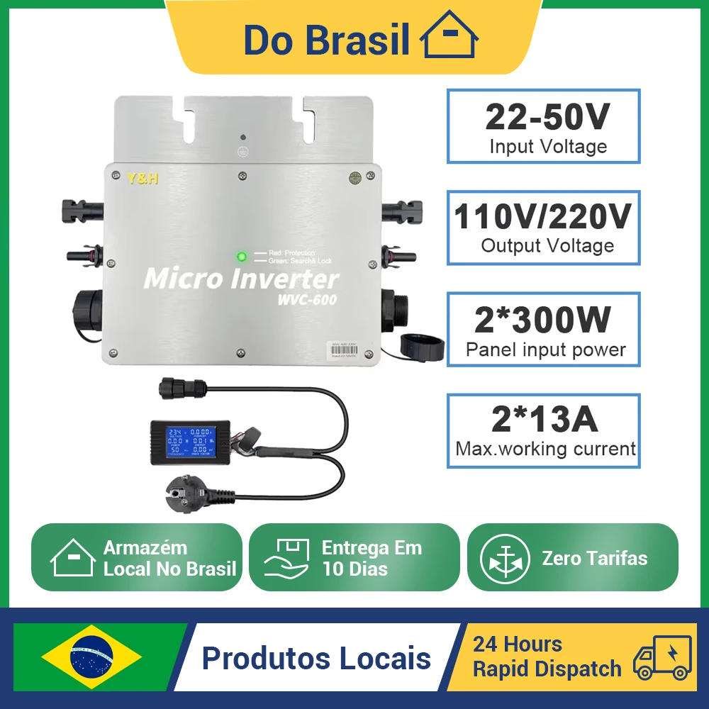 Brasil armazém y & h 600w grade solar amarrado inversor mppt solar micro inversor dc 28-50v para ac 110v/220v saída com lcd