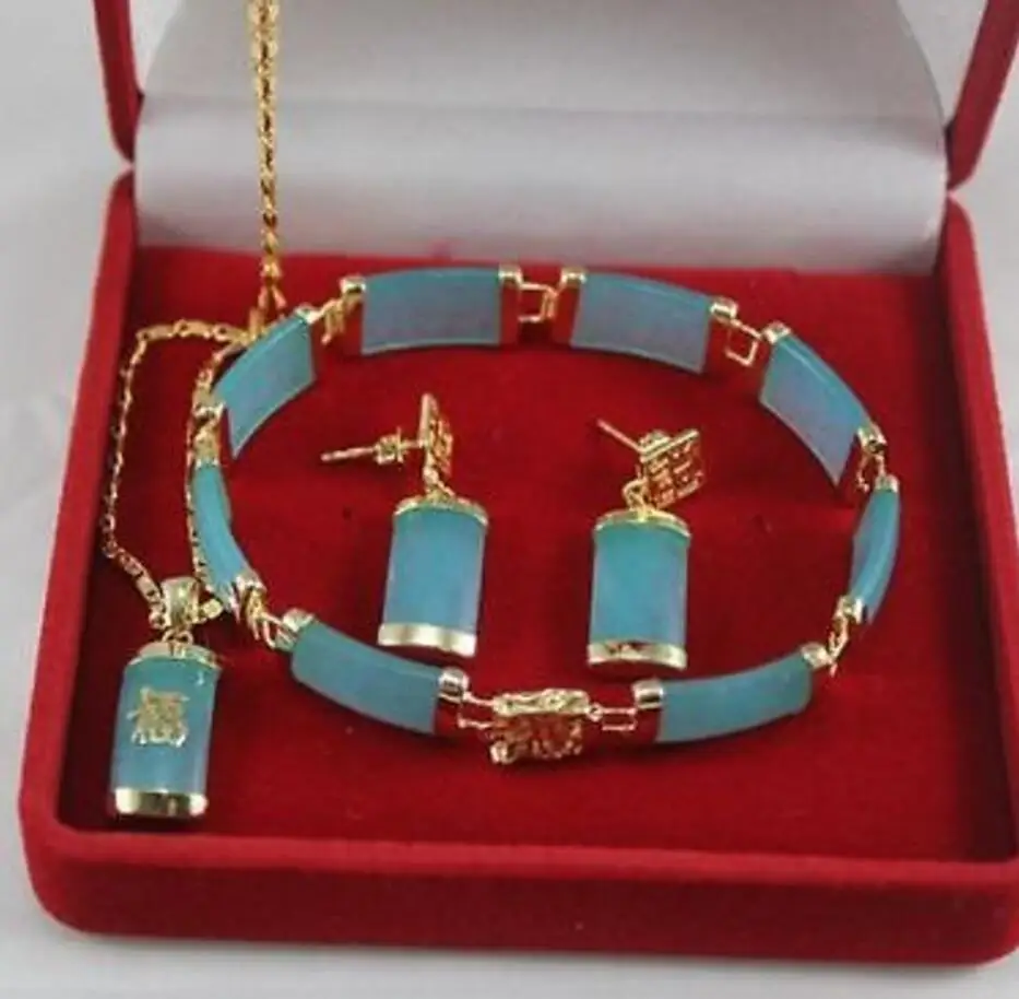 

Fine Blue jade pendant necklace bracelet earrings sets AAA k41 Natural jewelry