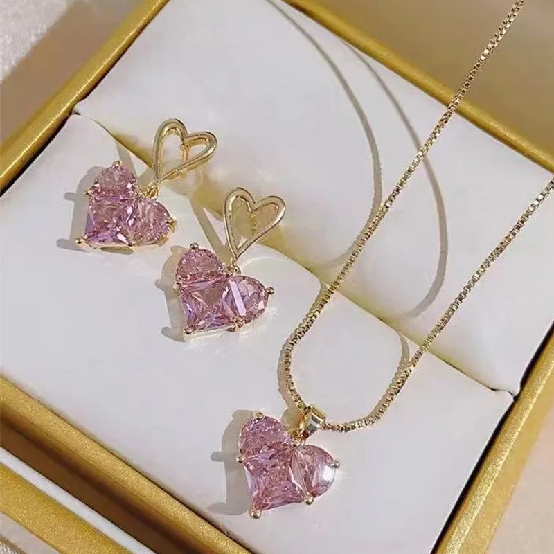

925 Silver Needle Korean Fashion Pink Crystal Heart Earrings For Women Jewelry 2025 Trending New Heart Necklace Jewelry Sets