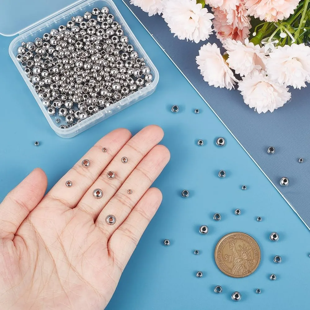 400pcs 4 Sizes 3mm/4mm/5mm/6mm Round Spacer Beads 304 Stainless Steel Loose Beads Small Hole Spacer Beads Stainless Steel Color