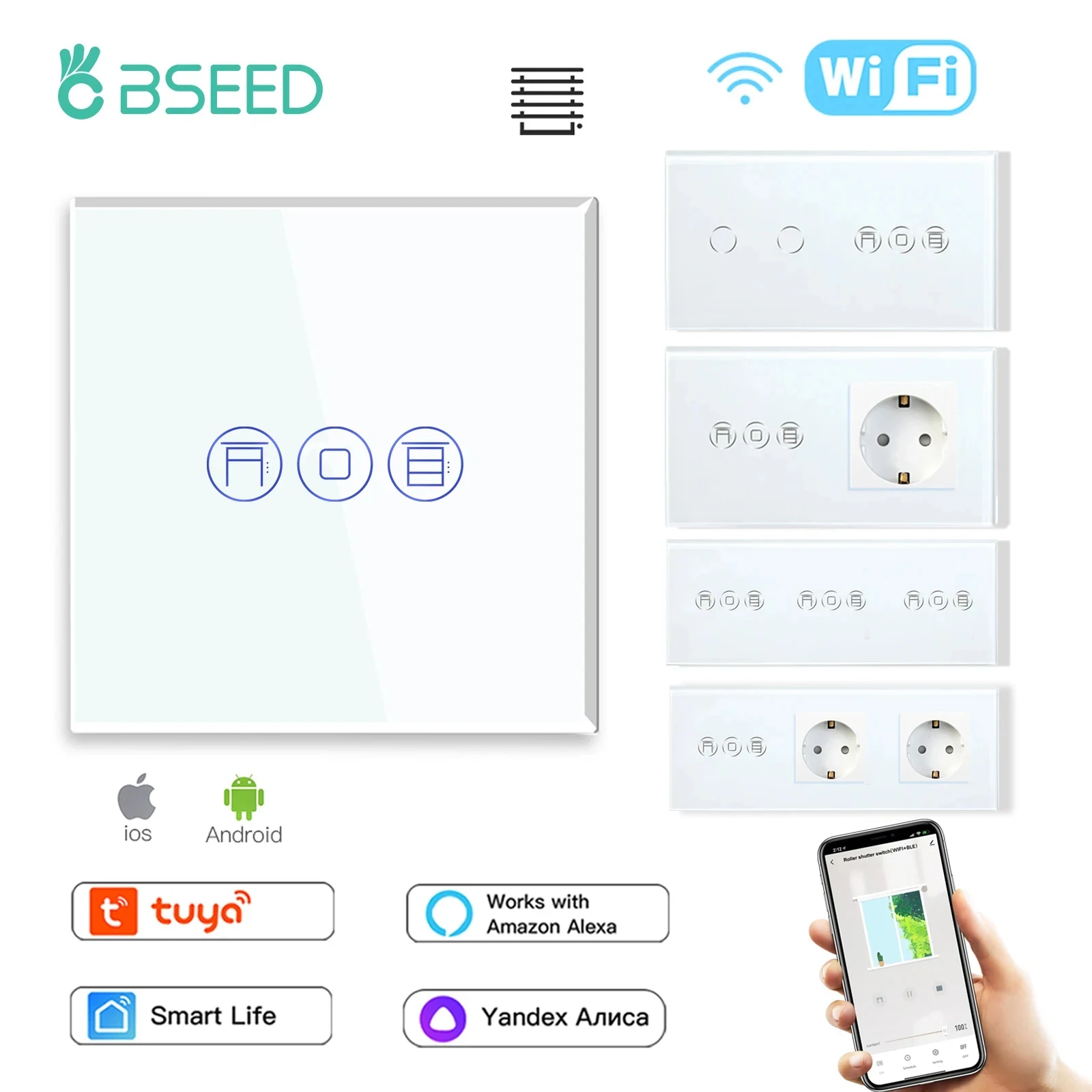 BSEED Wifi Shutter Touch Switch Smart Wall Blinds Switch Plus EU Socket USB Type-c Ports Tuya Smart Life Alexa App Glass Panel