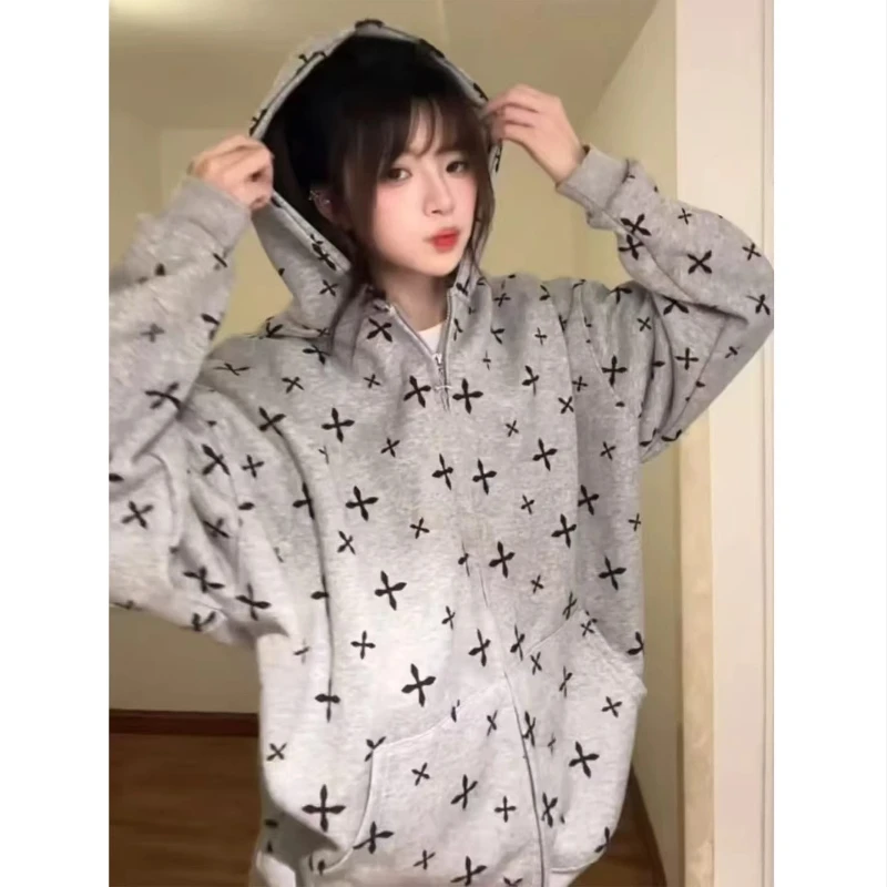American Retro Full Print Women's Zipper Sweatshirt 2025 Autumn Winter New Design Loose Fit Slimming Versatile Hoodie Couples