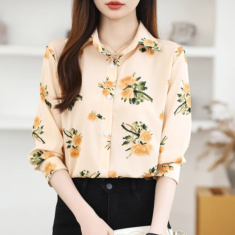 Women Clothing Elegant Fashion Long Sleeve Chiffon Shirt Spring Autumn Casual Loose Turn-down Collar Button Blouses Chic Y2k Top