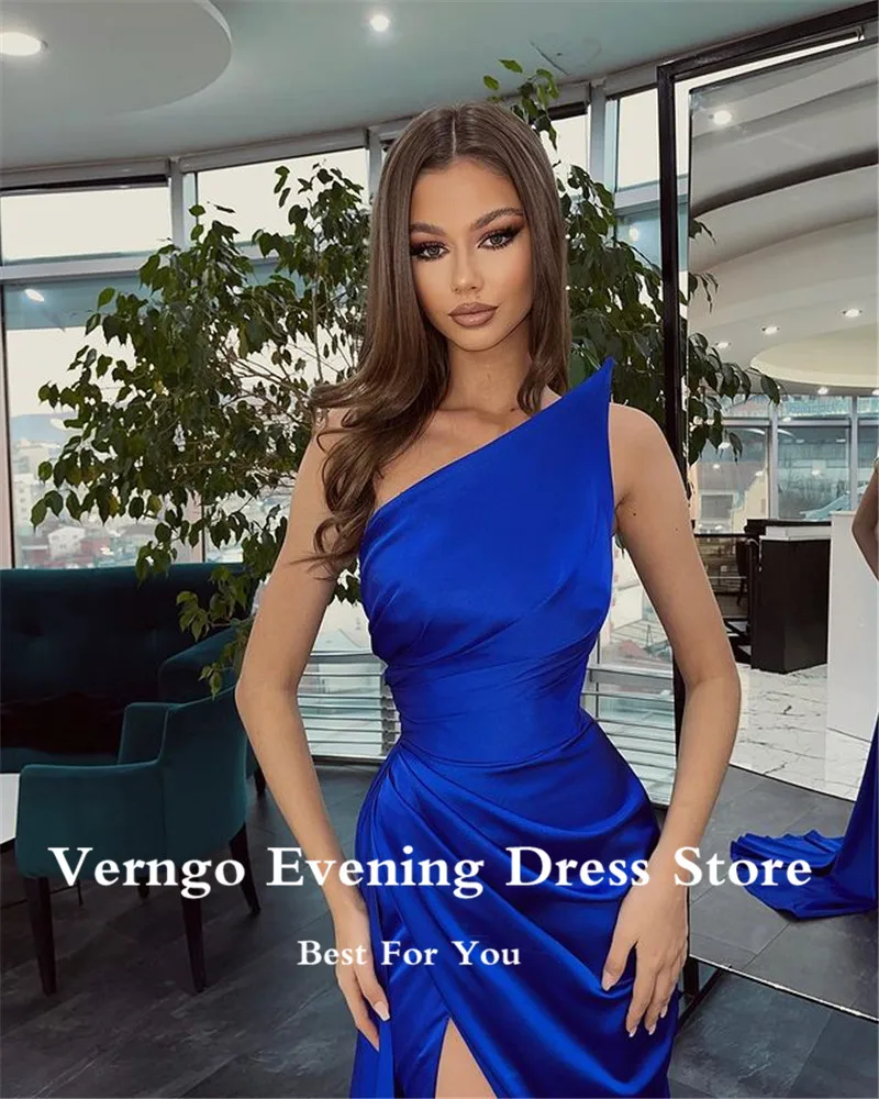 Verngo 2022 Royal Blue/Black/Lilac Satin Long Prom Dresses Special Neckline Slit Pleats Women Simple Evening Formal Gowns