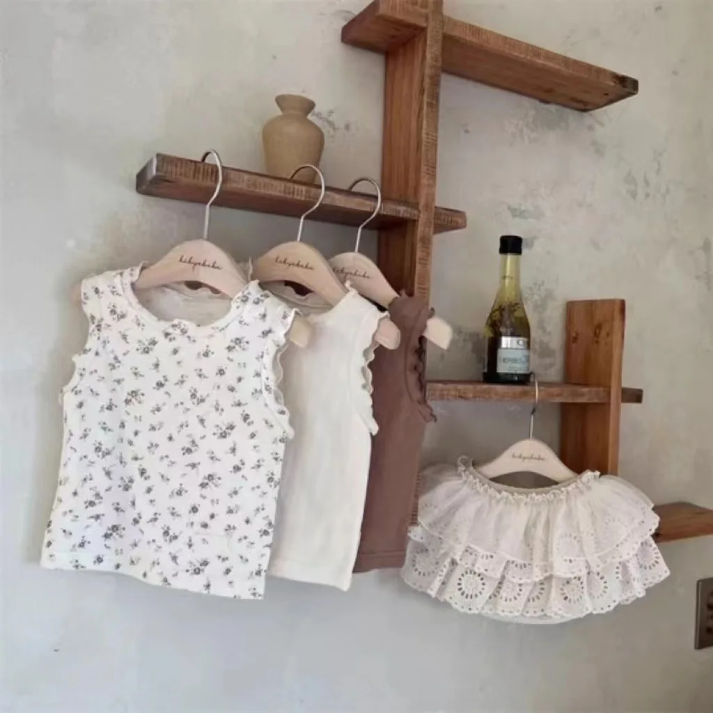 2024 Summer New Baby Girl Thin Cotton Edge Floral Solid Colour T-Shirt Vest Sleeveless Casual T 2 4 8 2