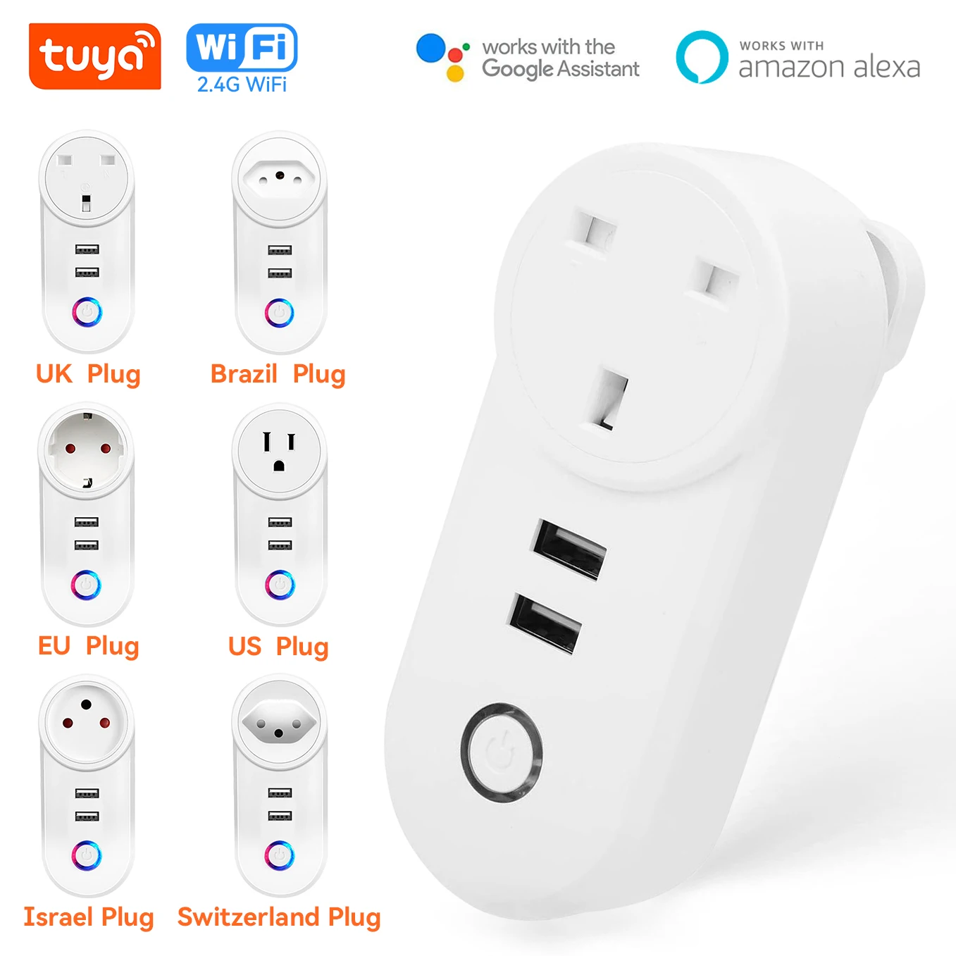 Tuya-Prise intelligente WiFi avec 2 ports de charge USB, adaptateur de sortie, prise intelligente, 16A, Alexa, Google Home, UE, États-Unis, Brésil, Chili