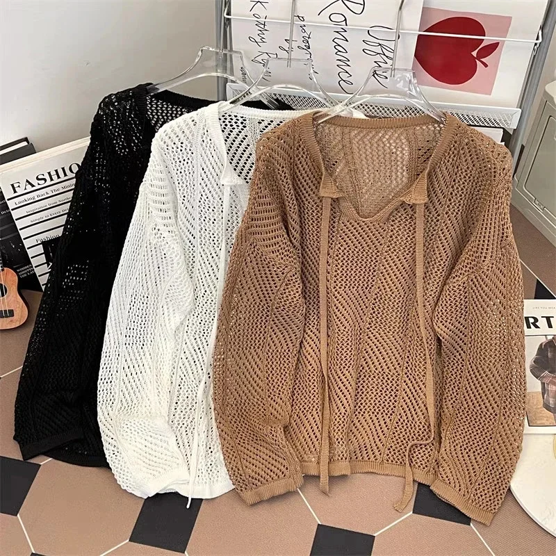 Long Sleeved Niche Summer Loose Knit Shirt 2025 Spring Autumn Item Solid Color Casual Thin Design Lazy Hollow Out High-end Top