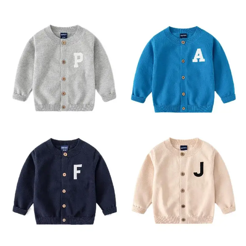 

Осенний свитер для маленьких мальчиков, пальто, хлопковый Кардиган с длинным рукавом и буквенным принтом для маленьких мальчиков, Солнцезащитная пуговица, стандартная Детская куртка для мальчиков