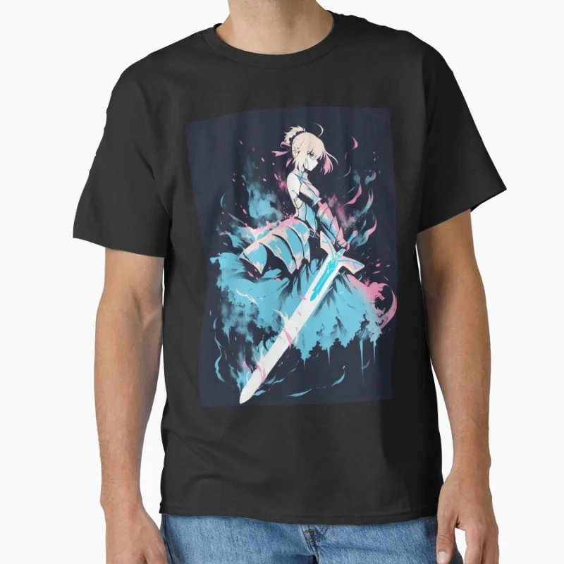 

Saber Graffiti 80s Manga Fate stay night video game Anime T shirt for men 100% cotton print Large size gift tops S-6XL