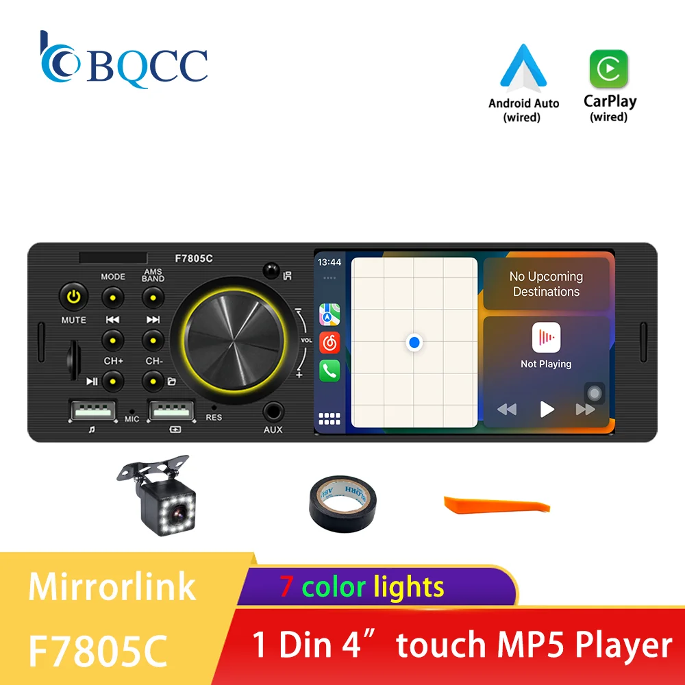 BQCC 1 Din4.1Inch Touchscreen Car Radio wired Android auto carplay BT FM USB Mirrorlink 7 colorful lights car