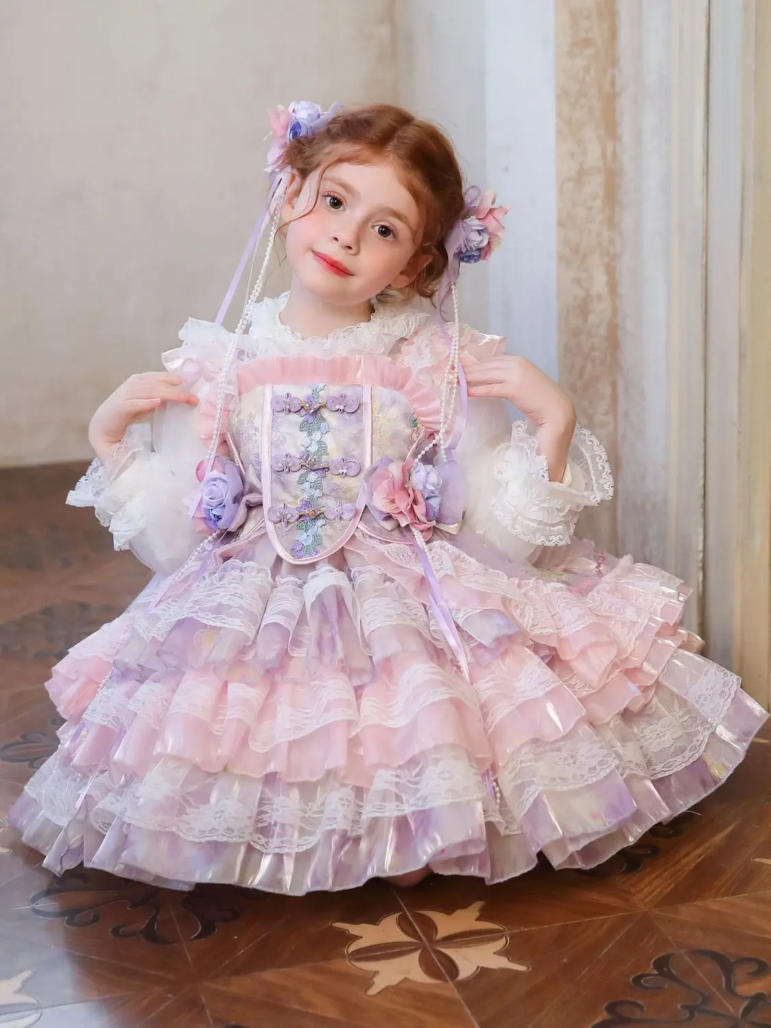Autumn Spanish Vintage Royal Palace Princess Blue Lace Gauze Dress Girl Kawaii Lolita Clothes Elegant Party Evening Tulle Lace
