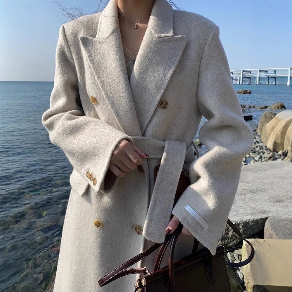 

Длинное шерстяное пальто Ele, женское индивидуальное пальто с поясом на талии и двойной пуговицей, осенне-зимняя модная верхняя одежда