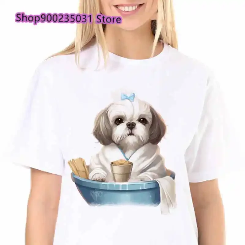 

2025 Kawaii Shih Tzu Shower Tshirts Women Fashion Harajuku Casual Short Sleeves Dogs Graphic O-Neck T-Shirt Female Cute Shirts