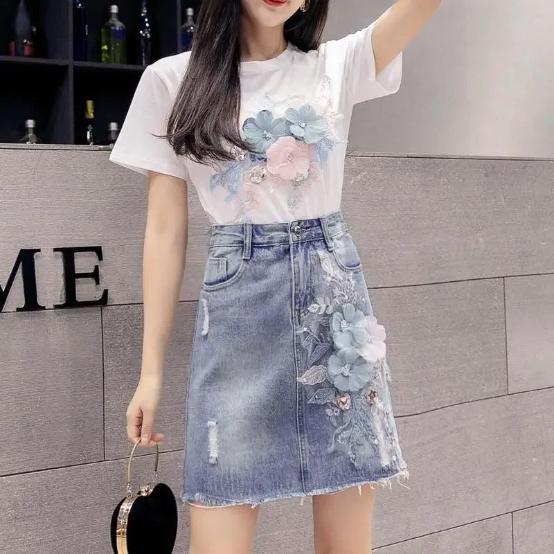 Mini Commuting Denim Kawaii 2 Pieces Sets for Women Embroidered Short Sleeve Woman Outfit Lightly Cooked Skirt Sequin Party Full